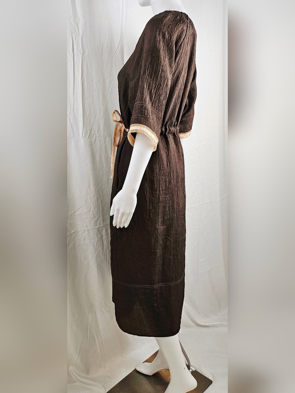 Korean Brand Brown Crinkled Peasant Waist Dress